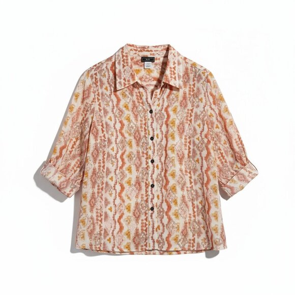 Lark & Lane Semi-Sheer Button-Front Blouse Size 12 | 3/4 Sleeve Tab Cuffs - Picture 1 of 8